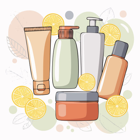 Set of cosmetic products with lemon. Vector illustration in cartoon style.のイラスト素材