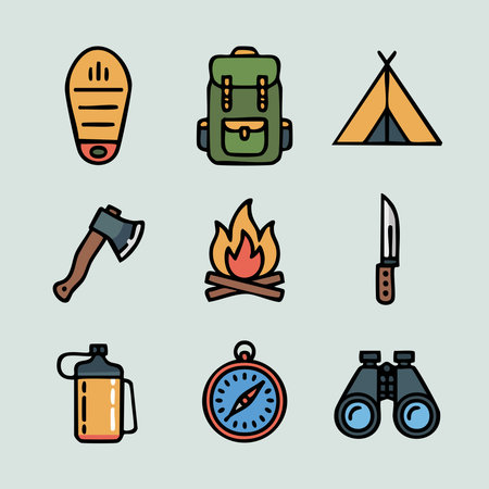 Set of camping and hiking icons. Vector illustration in flat style.のイラスト素材