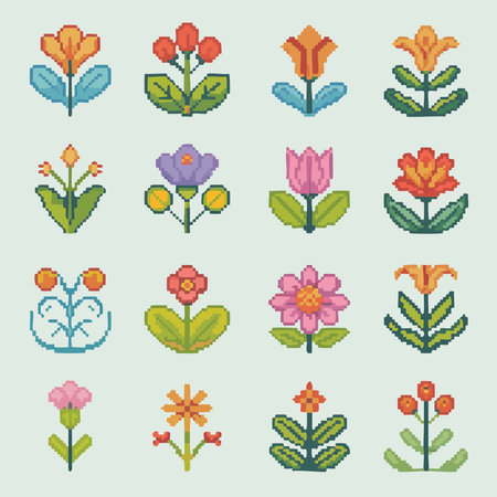 set of 8 pixel art flowers and plants icons vector illustration graphic designのイラスト素材