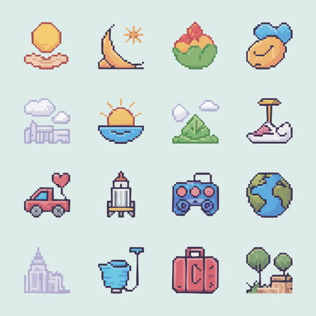 set of pixel icons of travel and tourism over blue background, colorful design, vector illustrationのイラスト素材