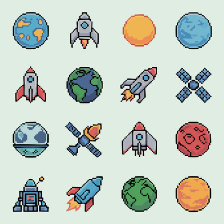 Set of pixel art space icons. Set of spaceship, rocket, planet, moon, stars, satellite, astronaut, planet.のイラスト素材