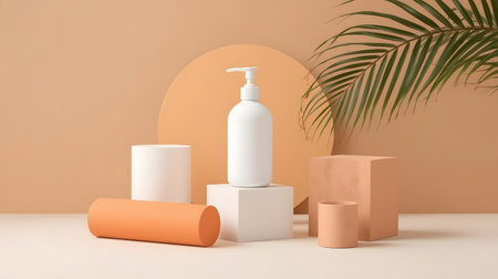3d render of cosmetic product with podiums and palm leaves.の写真素材
