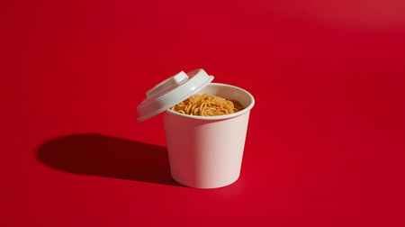 Instant noodles in a paper cup on a red background. Takeaway food.の写真素材