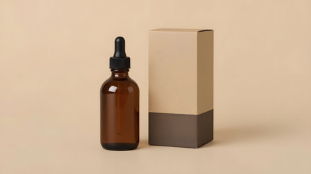 Mockup of brown glass dropper bottle with blank label on beige backgroundの写真素材