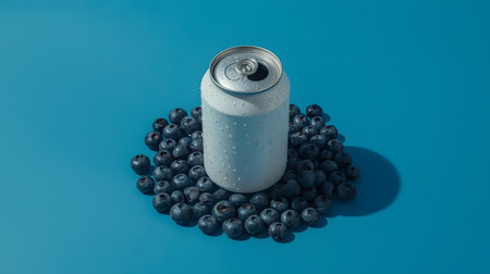 Aluminum can with blueberries on blue background. 3d renderの写真素材