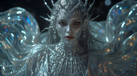 closeup of a girl in a silver mask on a dark backgroundの素材