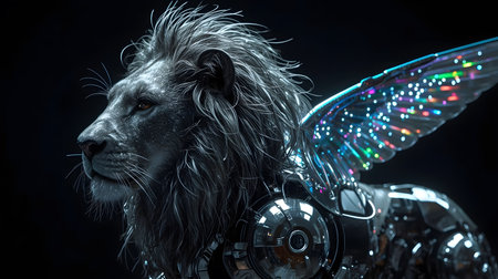3D rendering of a male lion with wings and lights in the backgroundの素材