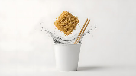 Noodles and chopsticks falling into a paper cup on white backgroundの素材