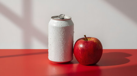 White can and red apple on a red table with shadow on the wallの素材