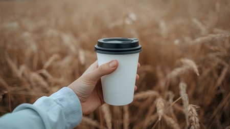 Female hand holding a paper cup of coffee on the background of a wheat fieldの素材