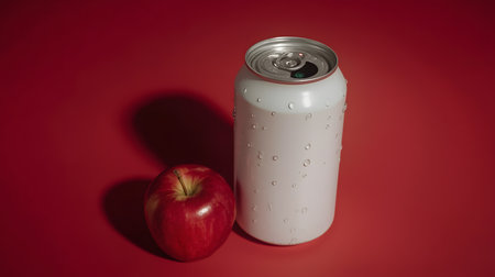 Aluminum soda can and apple on a red background with copy space.の素材