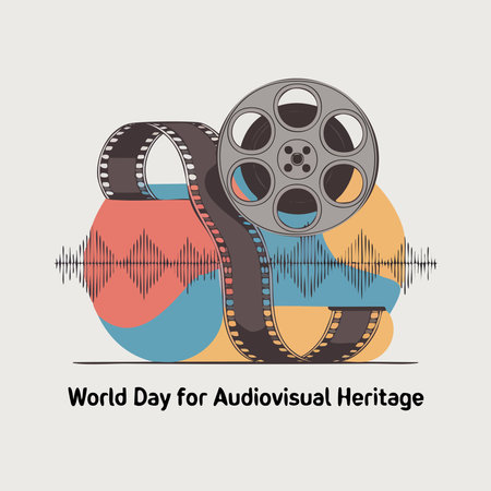 Vector illustration of a movie reel with the inscription World day for audiovisual heritage.のイラスト素材