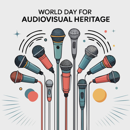 World day for audiovisual heritage poster with set of microphones vector illustration eps 10のイラスト素材
