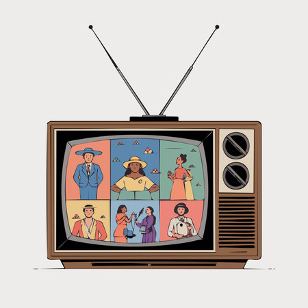Vintage tv with family on screen. Vector illustration in flat styleのイラスト素材
