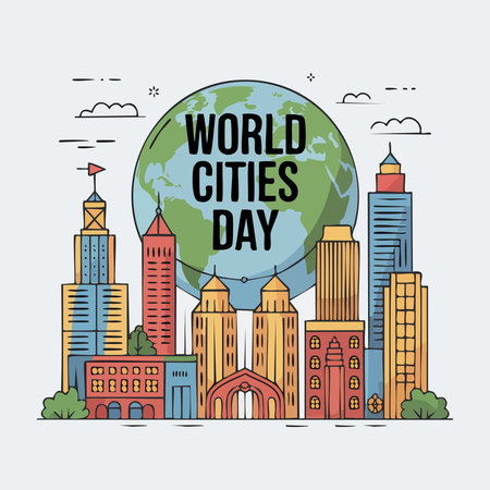 world cities day card with buildings and earth planet vector illustration graphic designのイラスト素材