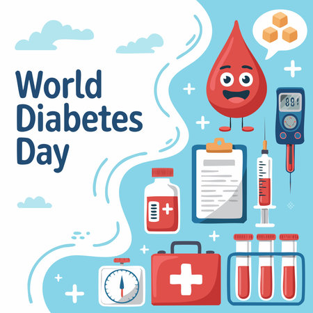 World Diabetes Day banner with blood drop, syringe, test tubes, glucose meter, test tube, thermometer. Vector illustration.のイラスト素材