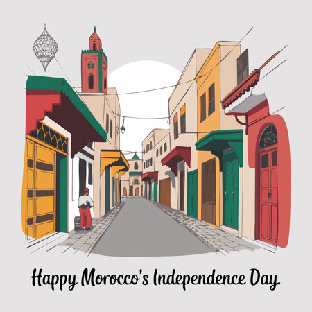 Morocco Independence Day greeting card. Vector illustration of muslim woman walking on the street.のイラスト素材