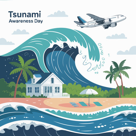 Tsunami wave on the beach with house, palm trees and airplaneのイラスト素材