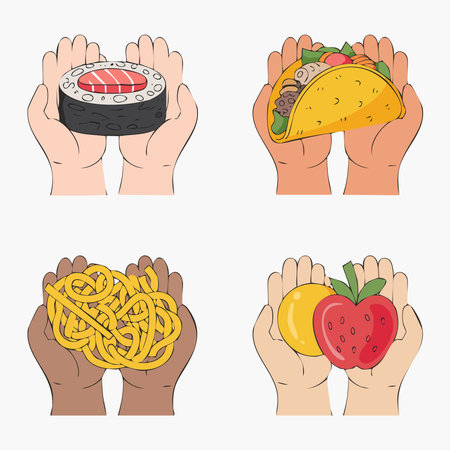 Hands holding different types of food. Vector illustration in flat styleのイラスト素材