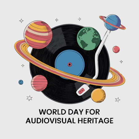 world day for audiovisual heritage poster with vinyl record and planet vector illustration graphic designのイラスト素材