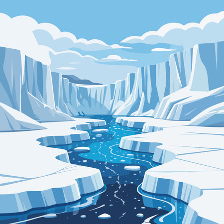 Icelandic landscape with river and glacier. Vector cartoon illustration.のイラスト素材