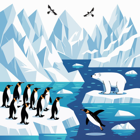 Penguins on the ice floe in the Arctic. Vector illustrationのイラスト素材
