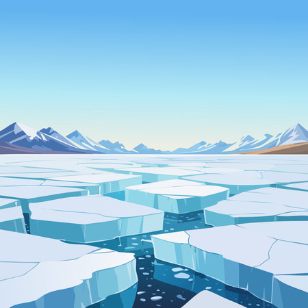 Illustration of a frozen lake with mountains in the background, with ice floesのイラスト素材