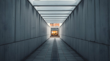 3d rendering of an empty corridor with a warehouse in the backgroundの素材