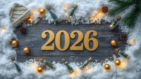 wooden background with christmas decoration. Top viewの素材