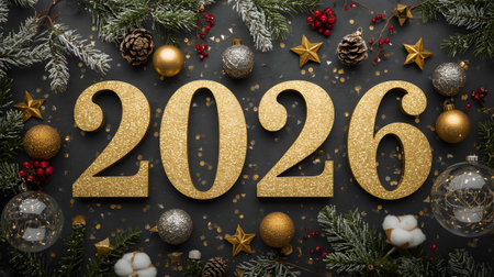 Christmas and New Year background. Golden numbers 2016, Christmas tree branches, cones, snowflakes on a dark background.の素材