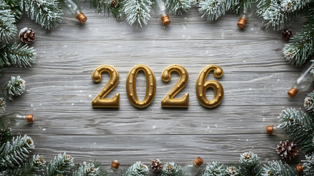 Happy New Year 2016. Golden numbers on wooden background. Top viewの素材