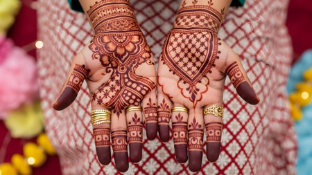 Close-up of female hand with henna painted on palm against floral backgroundの素材