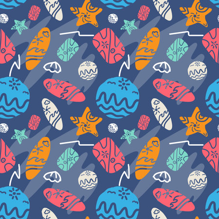 Seamless vector summer beach pattern on colorful background for fabric, textile, wallpaper, surface design, gift wrapのイラスト素材
