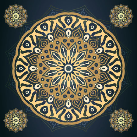 Golden Mandala Pattern in dark blue background. Decorative and ornamental element. Vector illustrationのイラスト素材