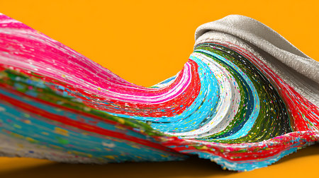 Vibrant colorful paint splash with dynamic curves and splatters on a bright orange background creating an energetic and artistic visual suitable for creative and artistic marketing.の素材