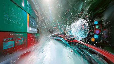 Futuristic digital data visualization with dynamic graphs and network connections creating a high-tech, energetic atmosphere suitable for technology and innovation marketing.の素材