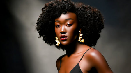 A confident black woman with voluminous curly hair and gold earrings poses in a studio with dramatic lighting, creating a stylish and sophisticated atmosphere ideal for beauty and fashion marketing.の素材