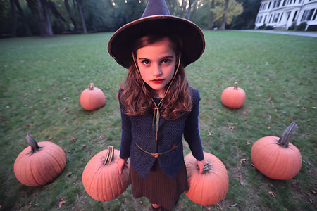 Young girl with long hair wearing a witch hat and dark clothing standing surrounded by pumpkins in a lush green outdoor setting with trees and a building in the background, creating a festive and mysterious atmosphere ideal for seasonal or Halloween marketing materials.の素材