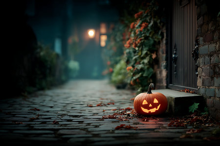 A lit pumpkin with a carved face sits on a stone step in a quiet cobblestone street at dusk, creating a warm festive mood perfect for Halloween celebrations and seasonal decor.の素材