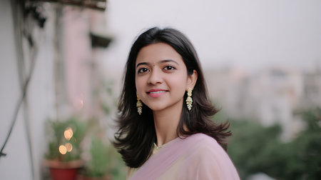 A young woman in a pastel pink traditional outfit with gold earrings smiling confidently outdoors with blurred cityscape background, creating a warm and approachable atmosphere ideal for lifestyle and fashion marketing.の素材
