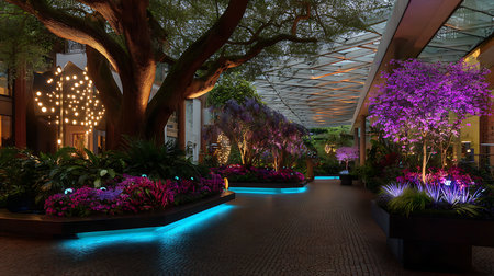 A vibrant urban garden at night features illuminated trees and colorful blooming flowers creating a lively peaceful atmosphere perfect for outdoor leisure and botanical marketing.の素材