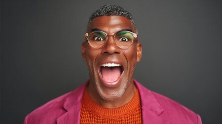An excited young man with glasses and short curly hair wearing a bright pink blazer and orange sweater showing a surprised expression in a studio with neutral gray background perfect for entertainment and lifestyle marketing.の素材