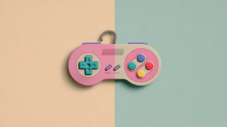 A vibrant retro gaming controller with pastel pink and blue colors lies on a split pastel background, creating a playful and nostalgic atmosphere ideal for gaming and entertainment marketing.の素材