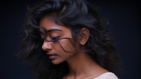 A young woman with wavy dark hair and subtle makeup gazes downward in a serene and contemplative mood with soft lighting, emphasizing her natural beauty and calm atmosphere suitable for beauty and lifestyle marketing.の素材