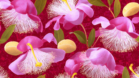 Vibrant pink flowers and yellow lemon fruits arranged on a dark red background create a lively botanical pattern perfect for decorative and fashion applications.の素材