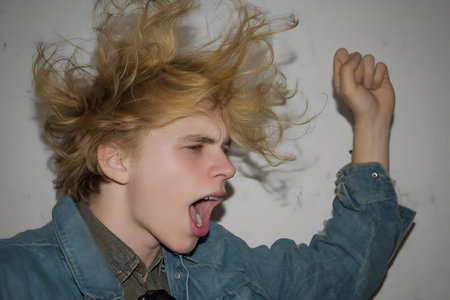 Young girl with blonde curly hair yelling or crying out with her eyes closed and fist raised in a casual denim jacket against a plain background, conveying strong emotion suitable for emotional or mental health themes.の素材