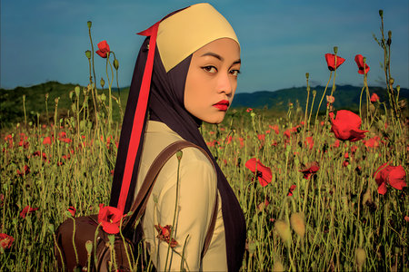 Young woman with headscarf and backpack standing in vibrant poppy field with blue sky and distant hills creating a peaceful and contemplative atmosphere ideal for lifestyle and fashion marketing.の素材