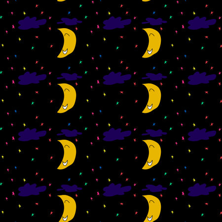 Seamless pattern with moon and stars on a black background.の写真素材