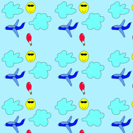 Seamless pattern with airplanes, clouds and emoji. Vector illustration.の写真素材