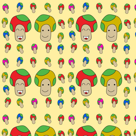 Seamless pattern with funny cartoon characters on a yellow background.の写真素材